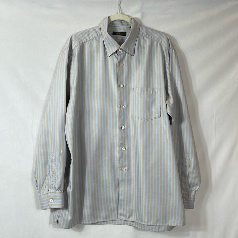 Ermenegildo Zenga Button Down Shirt Size XXL Light Blue Tan Stripe EUC